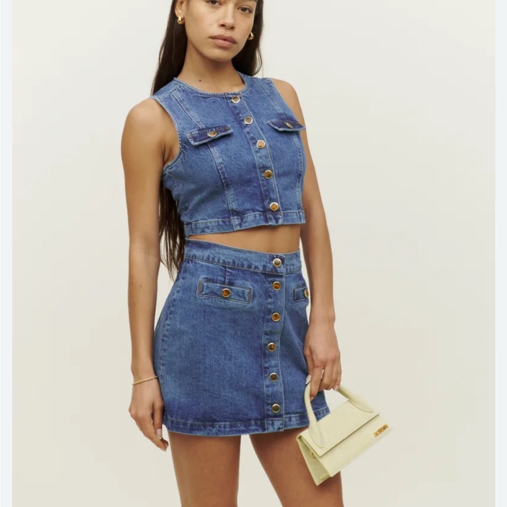 Reformation Cher Blue Denim Mini Skirt Two Piece Set